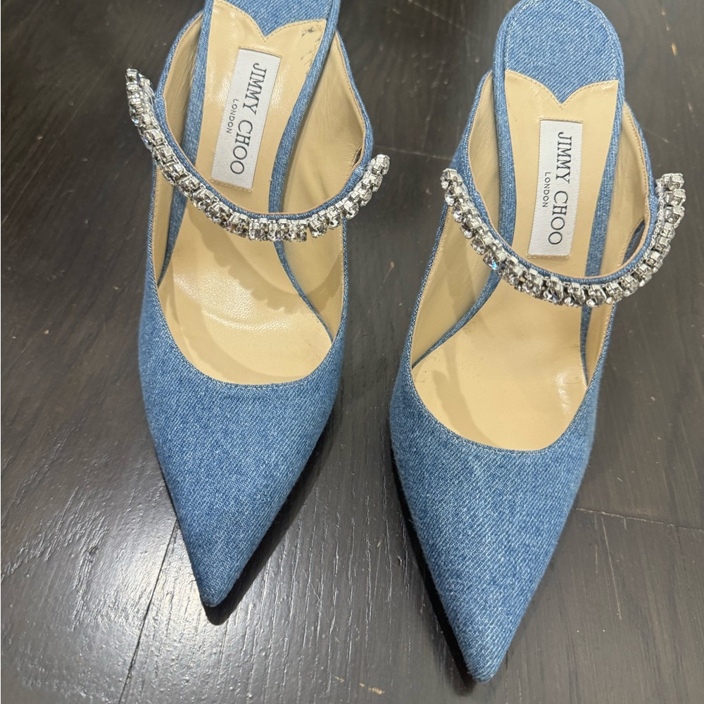 Jimmy Choo Blue Denim Bing Heels with Embellished Strap